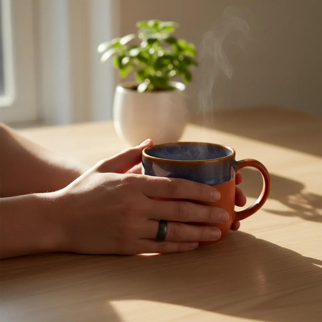 Calm morning wellness routine - hands around a mug